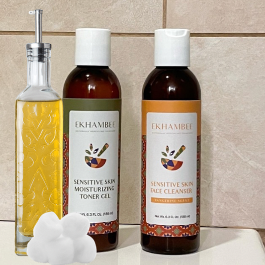 Ekhambee cleanser and toner gel with reusable cotton balls and natural oils for safely removing false lashes.