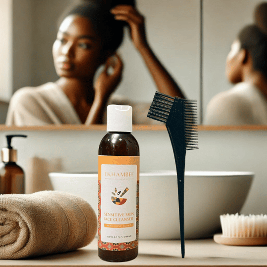 A Black woman with natural hair examines her hair edges in the bathroom mirror, using Ekhambee Sensitive Skin Cleanser and a double-sided edge control brush with a comb tail