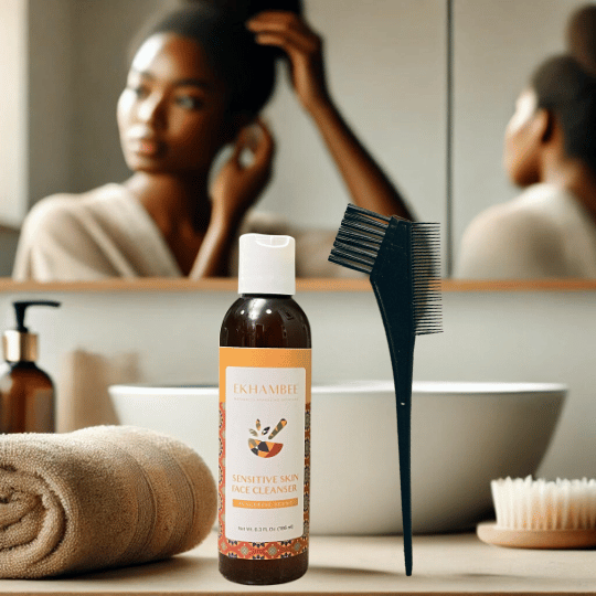 A Black woman with natural hair examines her hair edges in the bathroom mirror, using Ekhambee Sensitive Skin Cleanser and a double-sided edge control brush with a comb tail