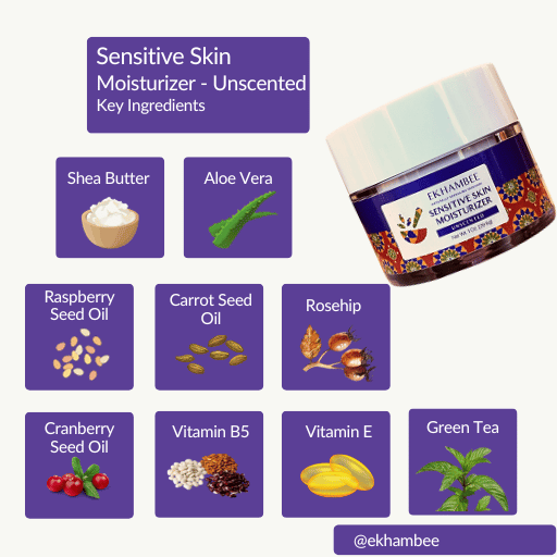 Sensitive Skin Moisturizer - Ekhambee key ingredients Shea Butter, Aloe Vera, Rosehip, Raspberry Seed Oil, Carrot Seed Oil, Cranberry Seed Oil, Vitamin B5, Vitamin E, Green Tea